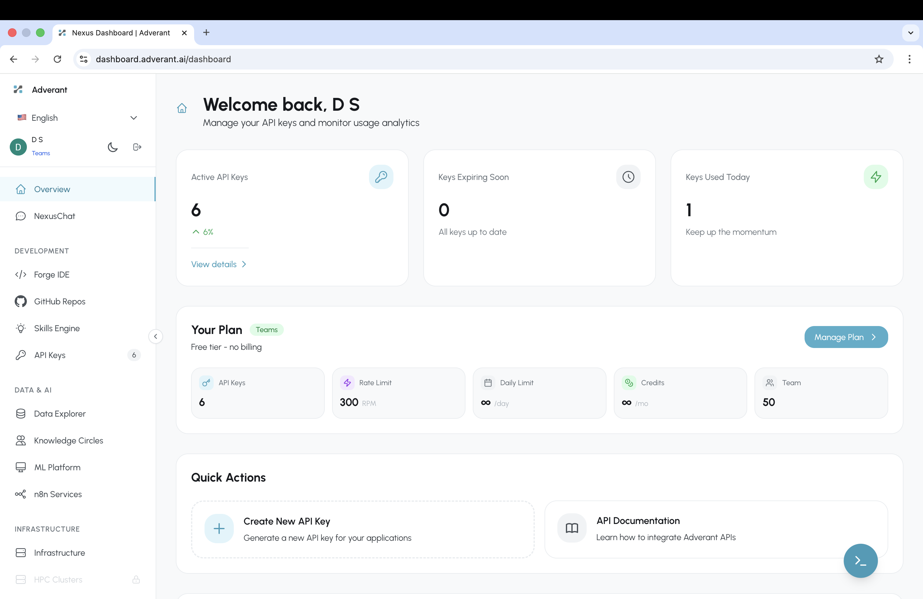 Nexus Dashboard home screen showing API key management, Teams plan status, rate limits, credits, and quick actions for creating API keys and viewing documentation