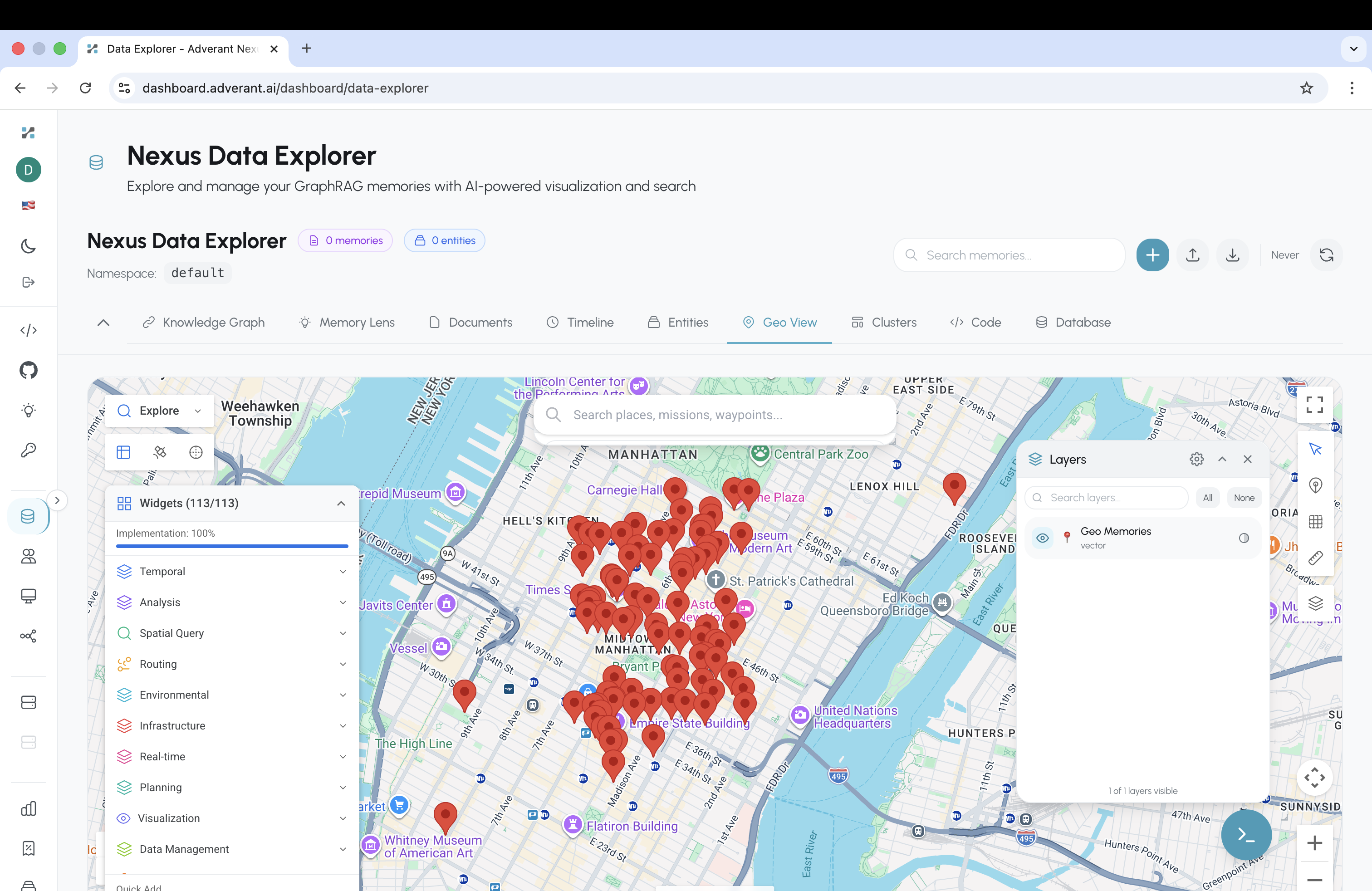 Nexus Data Explorer Geo View showing Manhattan map with geo-coded memory pins, spatial analysis widgets, and layer controls