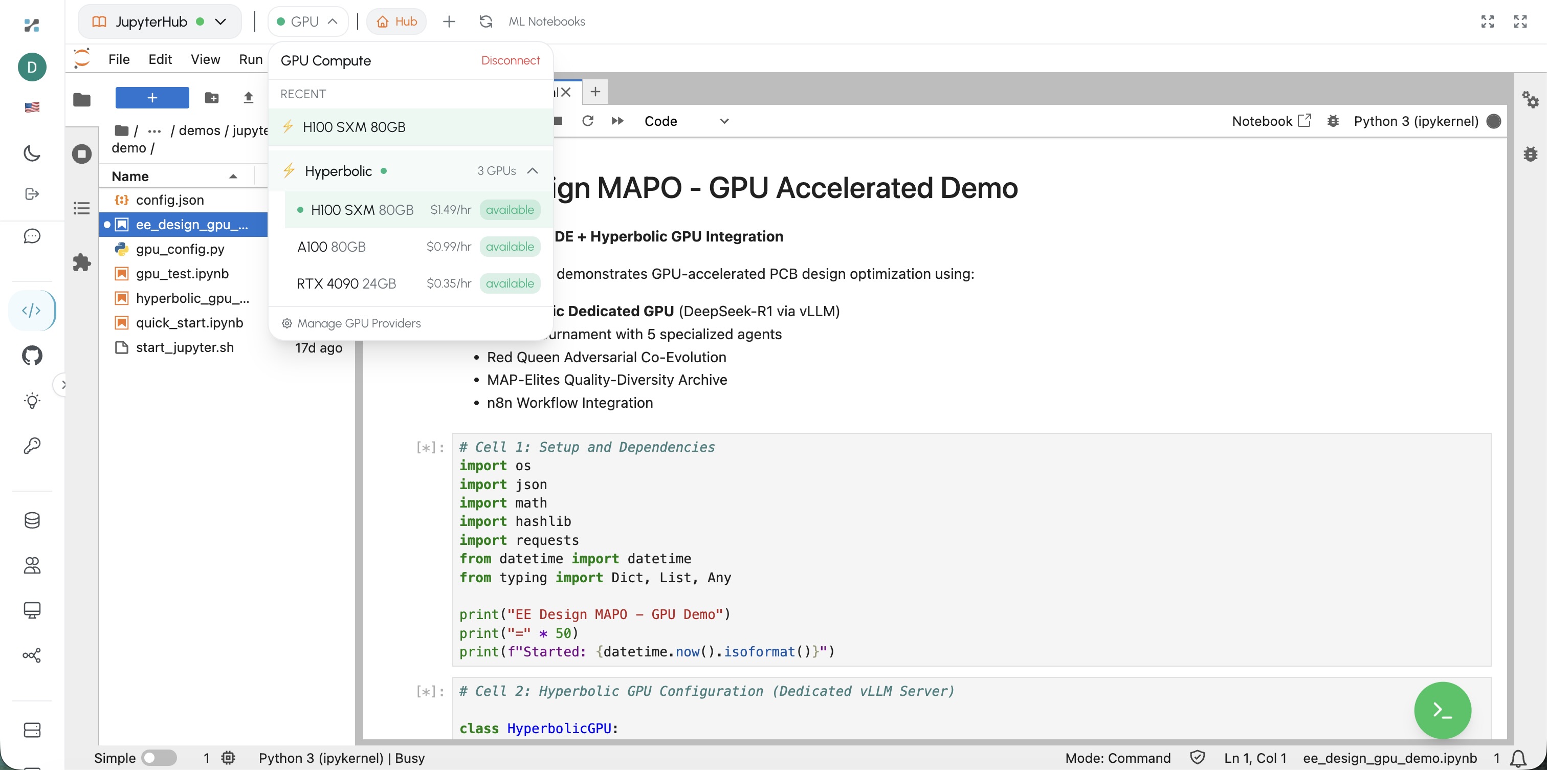 JupyterHub with GPU Compute dropdown showing Hyperbolic GPU options — H100 SXM 80GB at $1.49/hr, A100 80GB at $0.99/hr, RTX 4090 24GB at $0.35/hr — alongside EE Design MAPO GPU notebook