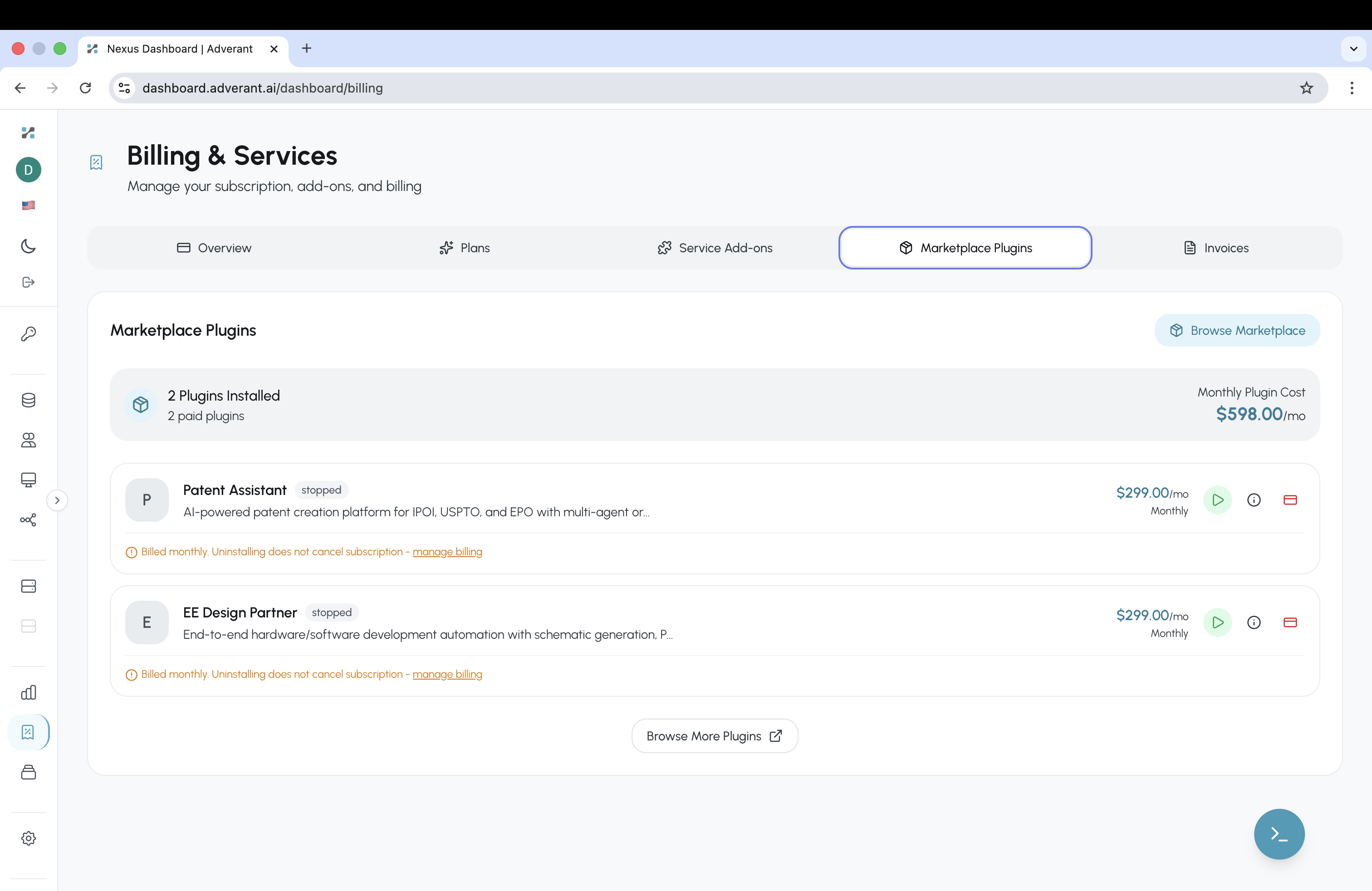 Billing Marketplace Plugins tab showing Patent Assistant ($299/mo) and EE Design Partner ($299/mo) as installed paid marketplace plugins
