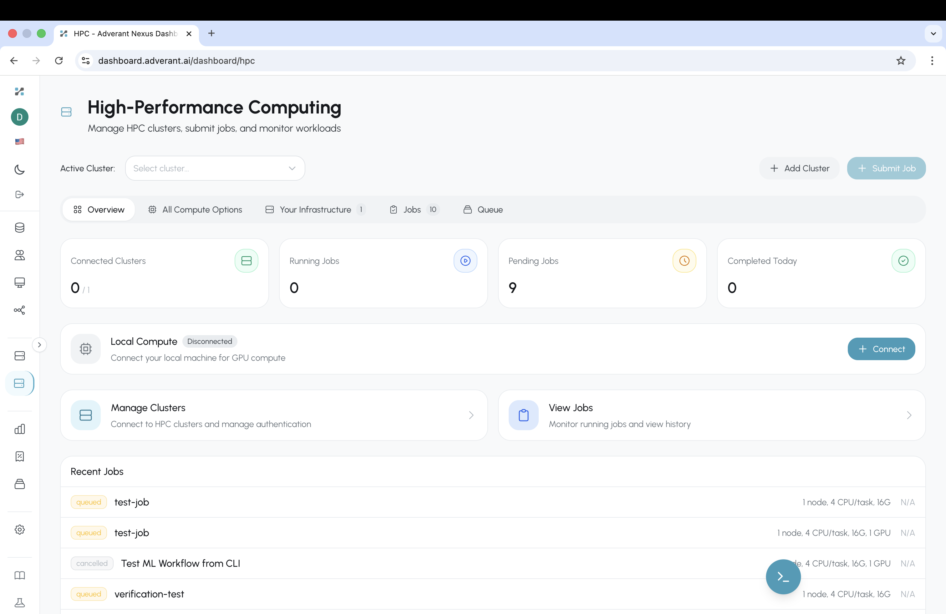 HPC Dashboard showing Connected Clusters, Running Jobs, Pending Jobs metrics with Local Compute connection, Manage Clusters, View Jobs, and recent job queue